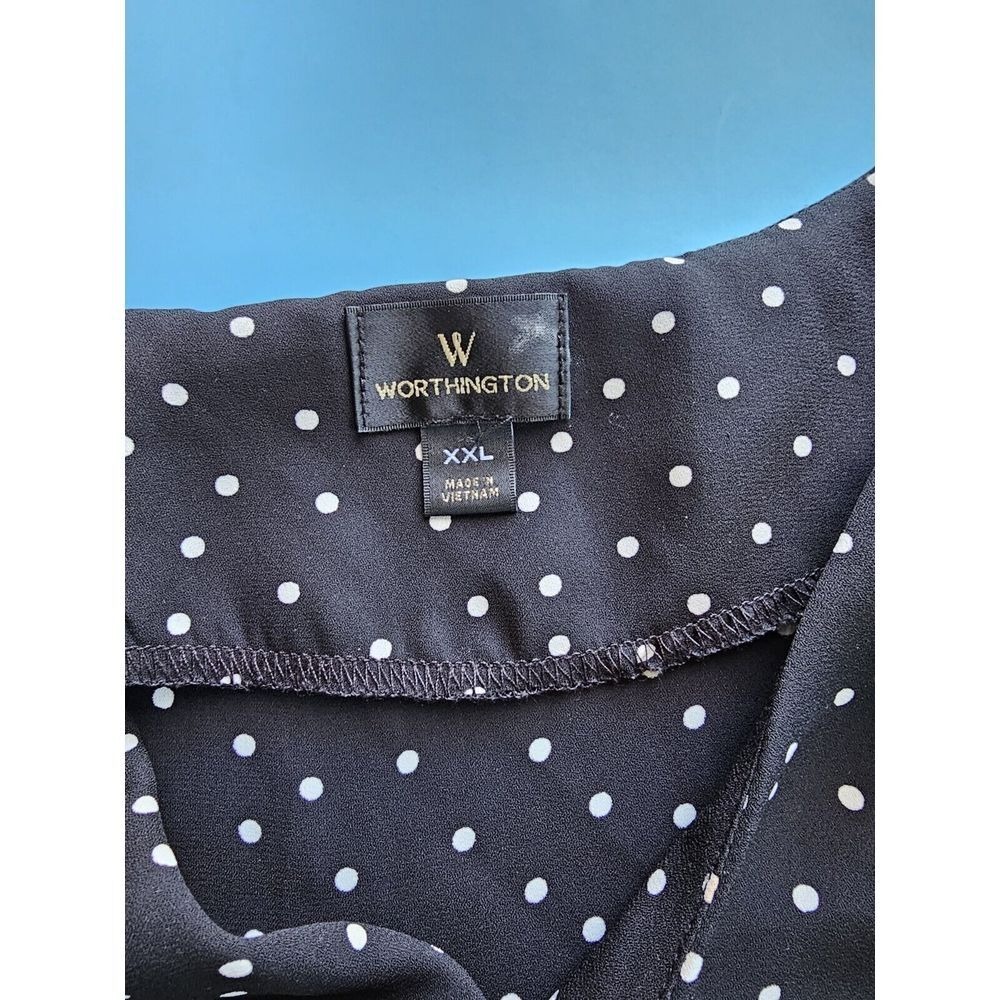 Worthington Womens XXL Polka Dot V-Neck Short Sleeve Blouse Black White Top